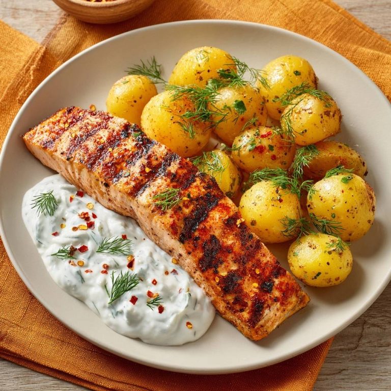 Gegrillter Lachs mit Dillkartoffeln und Chili-Dill-Creme, serviert auf einem Teller mit einer Portion cremiger Sauce.