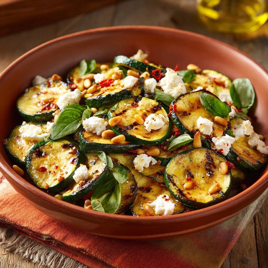 Gegrillter Zucchini-Feta-Salat mit Pinienkernen, Kräutern und zerbröseltem Feta, nahaufnahme der Garnitur.