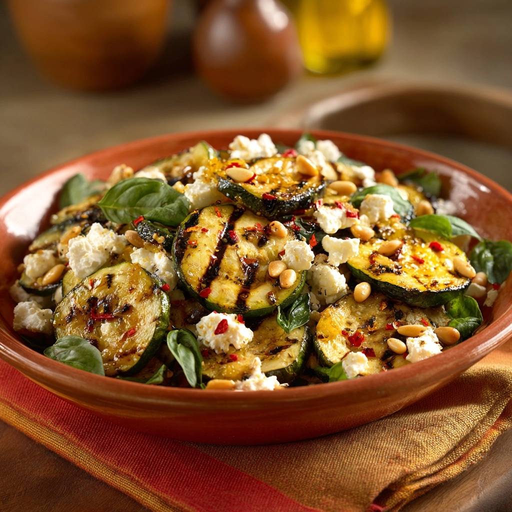 Gegrillter Zucchini-Feta-Salat als Nahaufnahme mit zerbröckeltem Feta, Pinienkernen und frischem Basilikum.