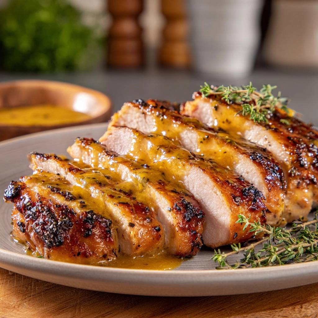 Saftiges gegrilltes Hähnchen mit Honig-Senf-Glasur, auf einem Teller in Scheiben geschnitten und mit frischen Kräutern garniert.