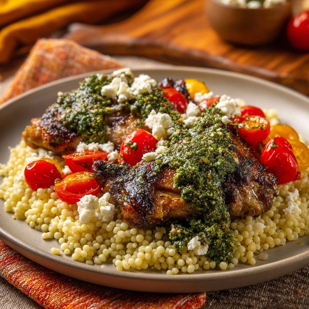 Gegrilltes Hähnchen mit Chimichurri, Feta & Couscous, serviert mit Kirschtomaten und Feta-Käse als Garnitur.