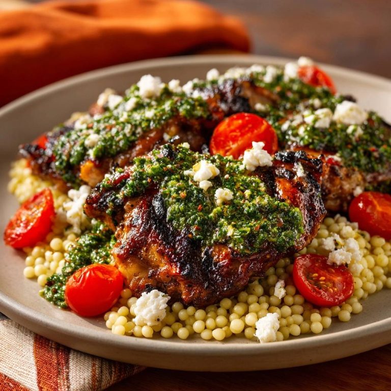 Gegrilltes Hähnchen mit Chimichurri, Feta und Couscous, nah aufgenommen und mit frischer Kräutersauce und zerbröckeltem Feta garniert.