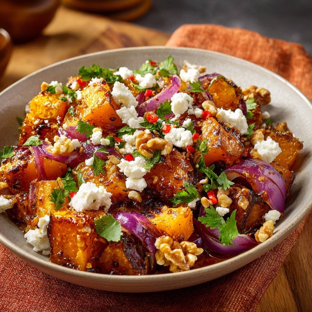 Gerösteter Kürbis mit Feta, Walnüssen & Granatapfel, mit Feta und Petersilie garniert in einer Schüssel.