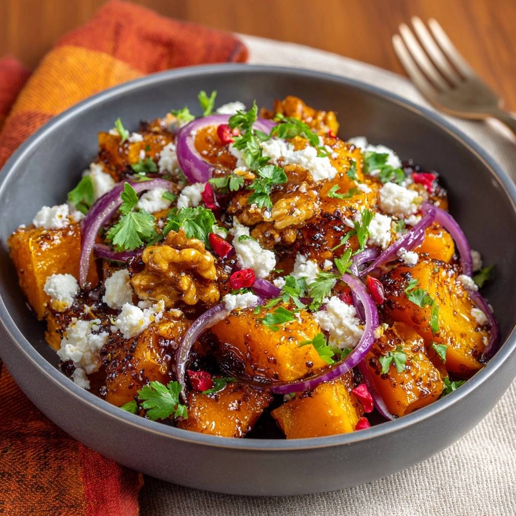 Gerösteter Kürbis mit Feta, Walnüssen & Granatapfel, detailreich garniert mit frischer Petersilie und roten Granatapfelkernen.