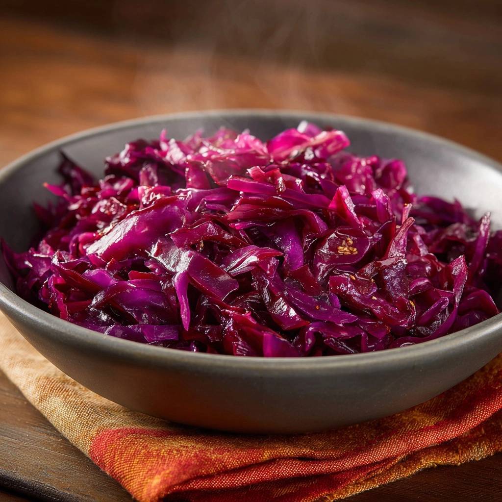 Geschmorter Rotkohl heiss und dampfend in einer Schüssel serviert, mit sichtbarem Dampf.