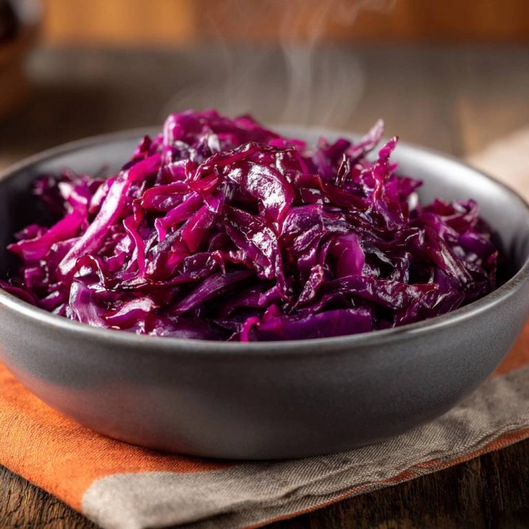 Geschmorter Rotkohl als Nahaufnahme, dampfend in einer Schüssel auf einem Tuch serviert