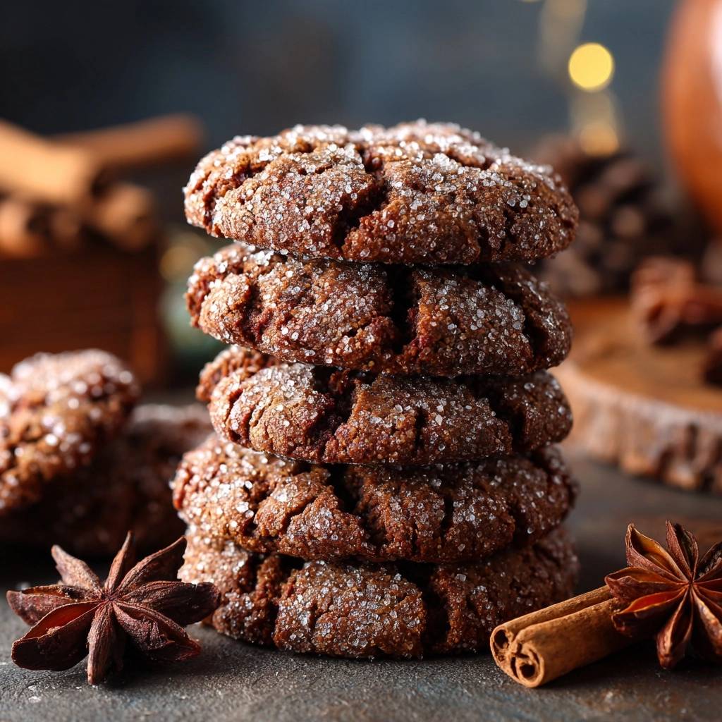 Gewürzte Crinkle-Plätzchen mit einer Nahaufnahme der glitzernden Zuckerkruste und Gewürzen im Hintergrund.
