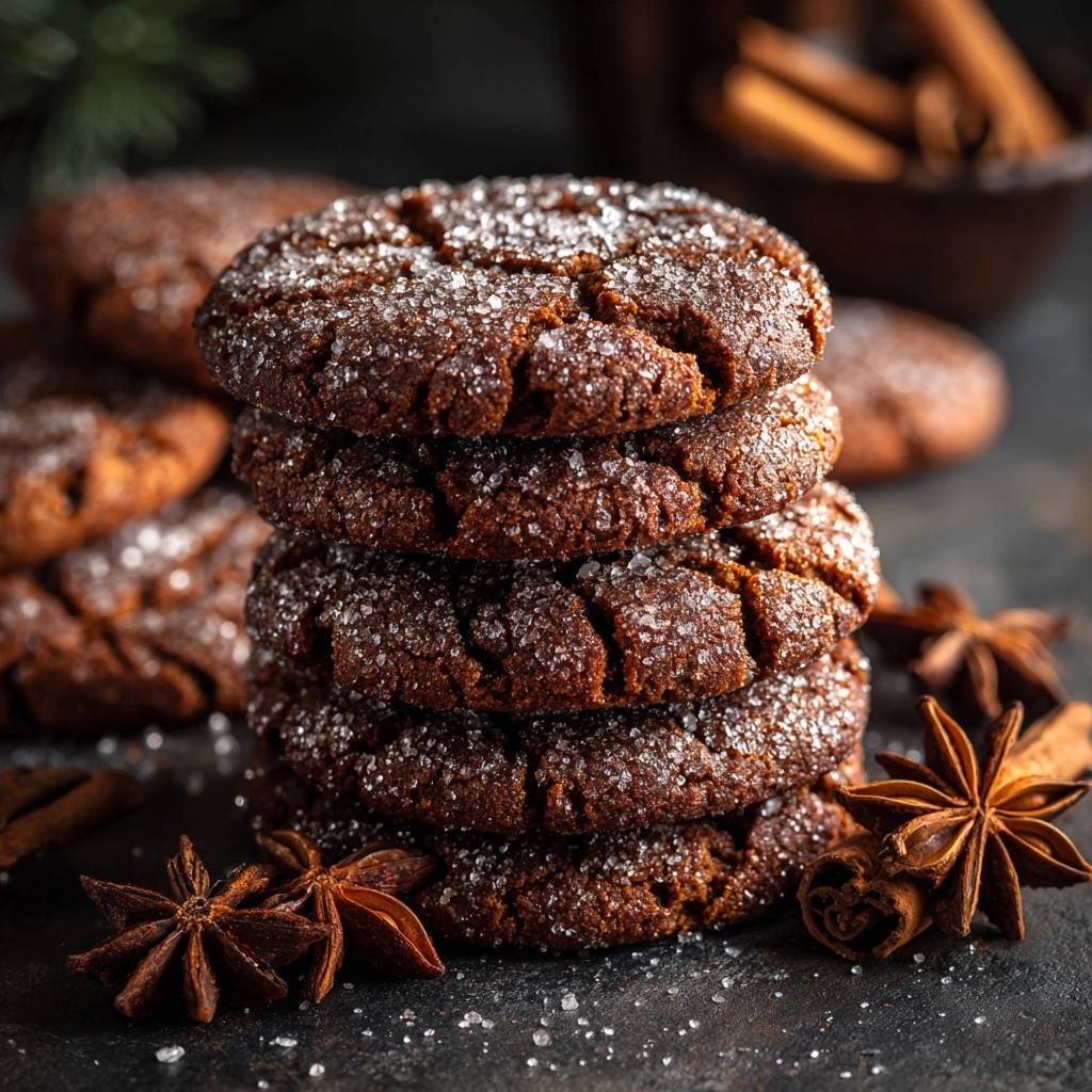 Gewürzte Crinkle-Plätzchen mit Zucker bestreut, Nahaufnahme eines Stapels mit Sternanis und Zimtstangen