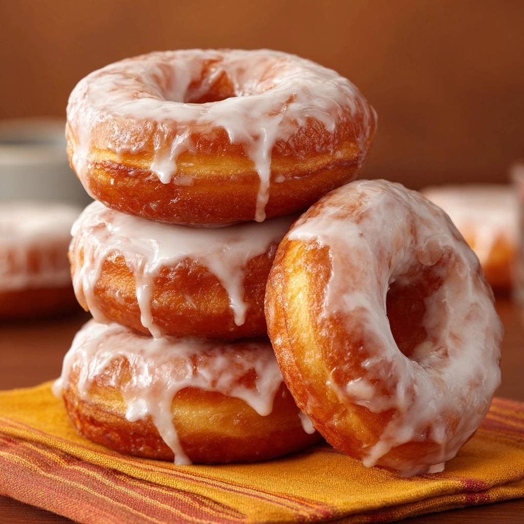 Perfekte glasierte Donuts, die gestapelt sind und eine köstliche Zuckergussglasur aufweisen.