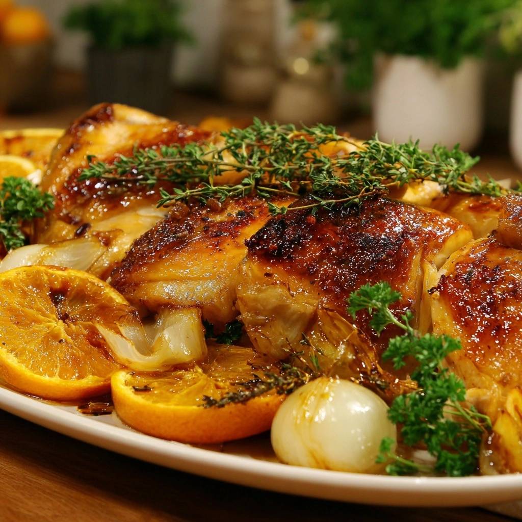Glasierte Hähnchenschenkel mit Mandarinen und Thymian, detailreich mit glänzender Glasur, frischen Kräutern und Orangenscheiben.