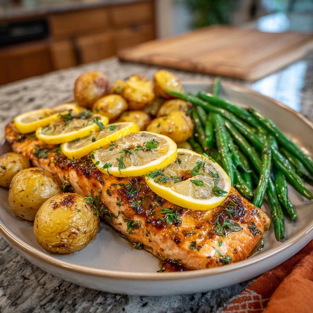 Glasierter Zitronen-Lachs mit Babykartoffeln und grünen Bohnen, serviert auf einem Teller mit Zitronenscheiben und Petersilie garniert.