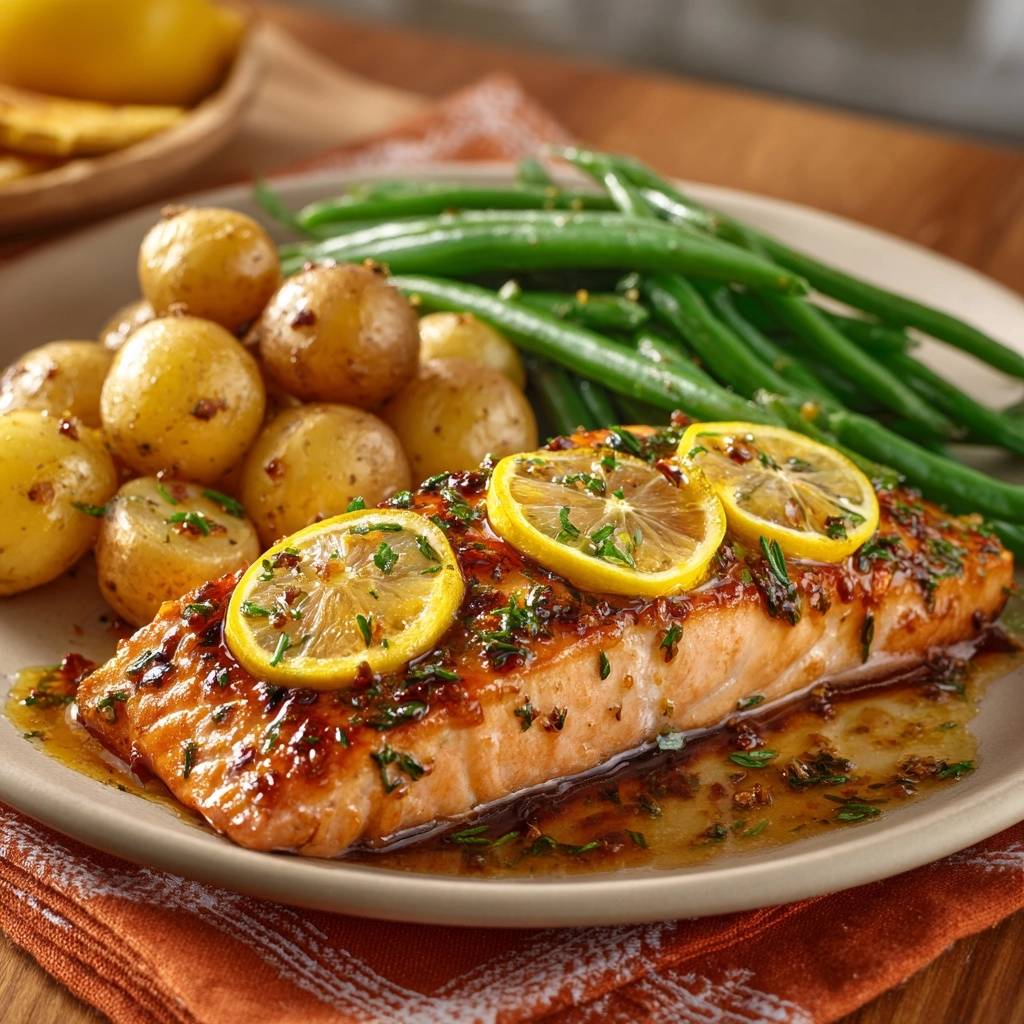 Glasierter Zitronen-Lachs mit Babykartoffeln und grünen Bohnen, serviert mit Zitronenscheiben und frischen Kräutern garniert.