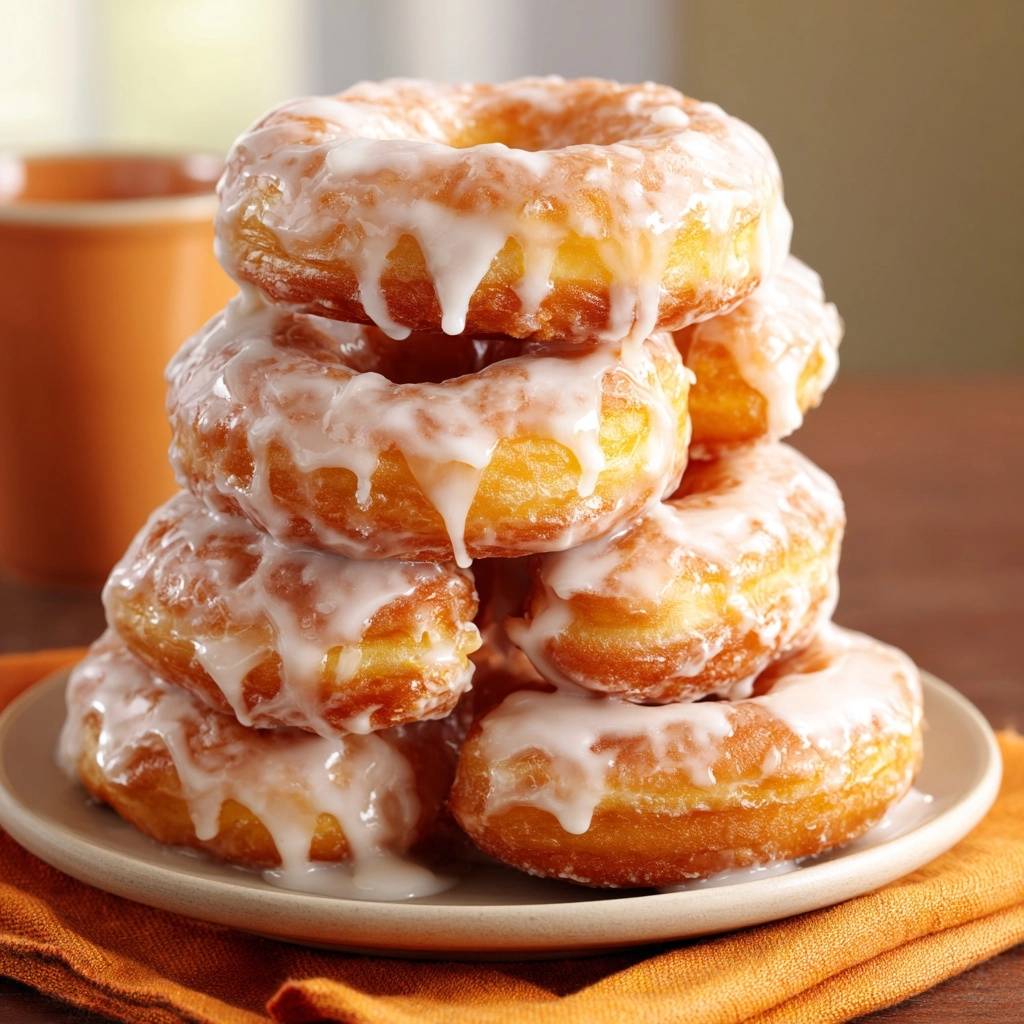 Perfekte Glazed Donuts gestapelt auf einem Teller, mit einem süßen Zuckerguss überzogen und tropfend.