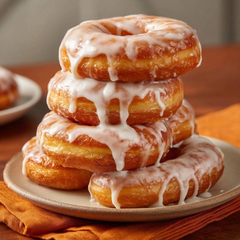 Perfekte Glazed Donuts als Stapel mit reicher Glasur, die auf den goldbraunen Teig tropft.