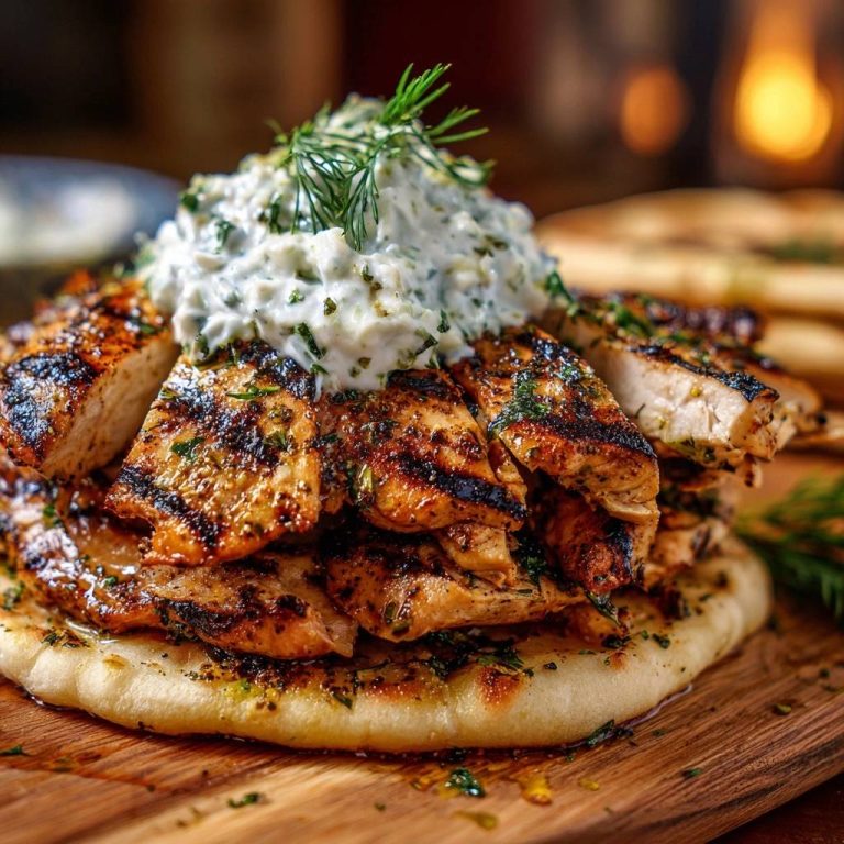 Saftiges Grillhähnchen-Gyros mit cremiger Tzatziki, nah aufgenommen auf Fladenbrot mit Dill garniert.
