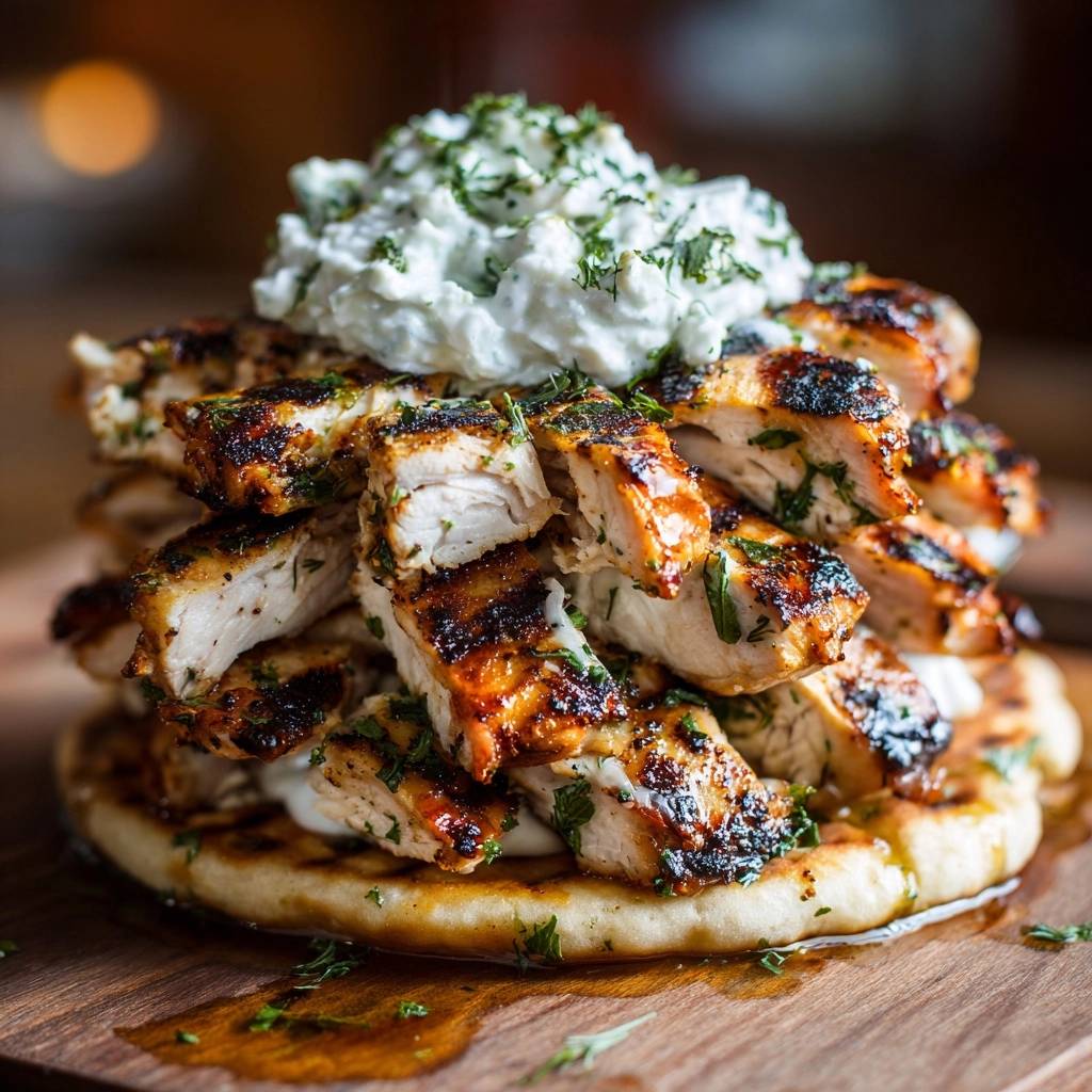 Saftiges Grillhähnchen-Gyros mit cremiger Tzatziki, gestapelt auf Fladenbrot mit frischen Kräutern garniert.