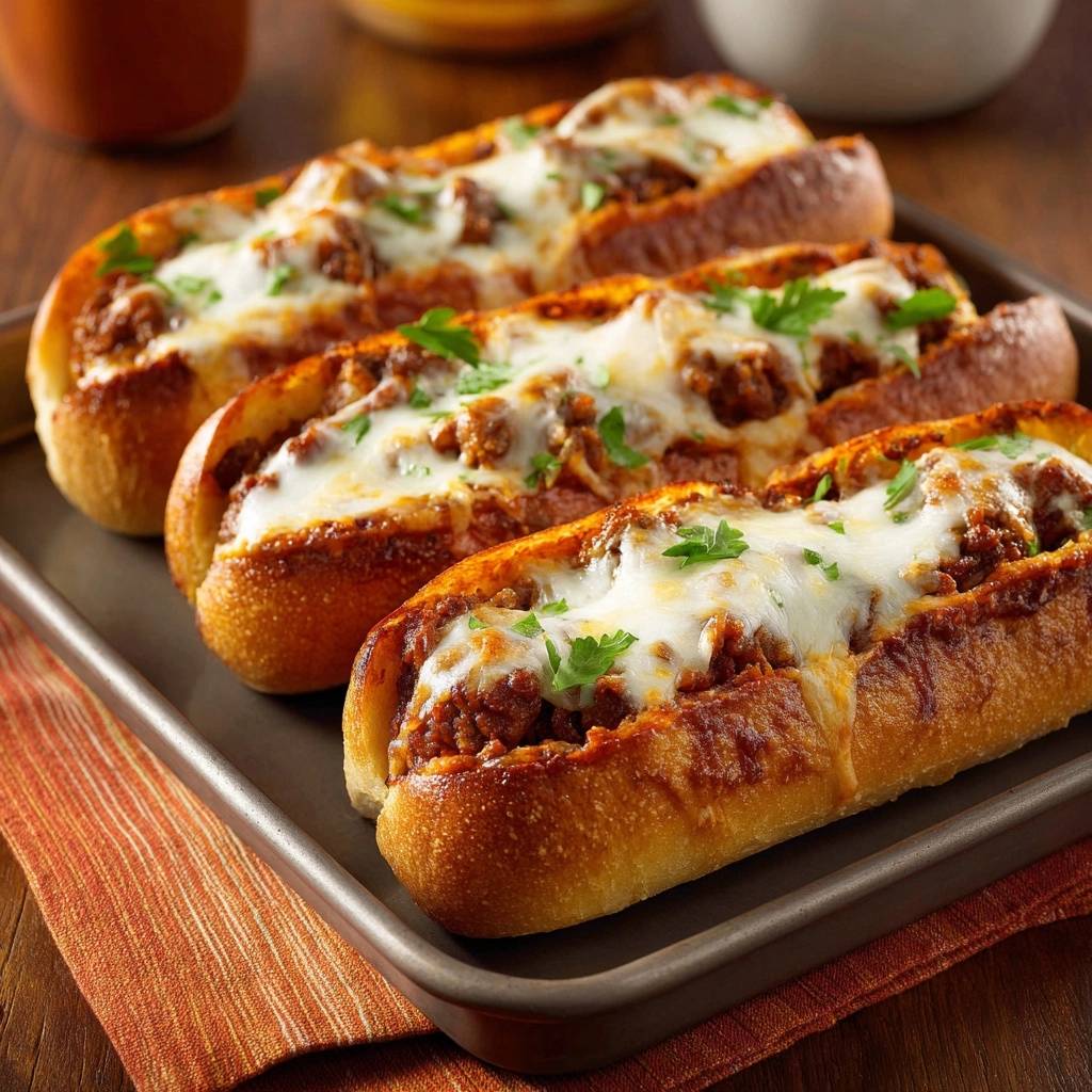 Knusprige Hack-Käse-Brötchen mit geschmolzenem Käse und frischer Petersilie, nah aufgenommen auf einem Blech.