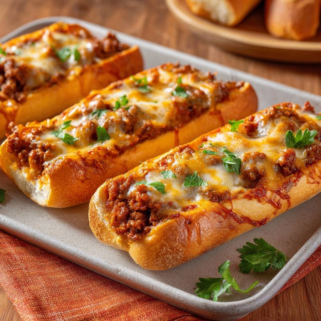 Knusprige Hack-Käse-Brötchen mit geschmolzenem Käse und frischen Kräutern, nahaufnahme.