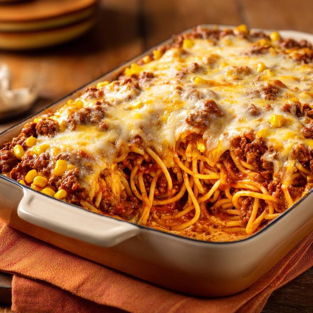 Knuspriger Hack-Nudelauflauf mit Mais und Käse, angeschnitten, zeigt die schichtweise Zubereitung mit Nudeln und Hackfleischsoße.