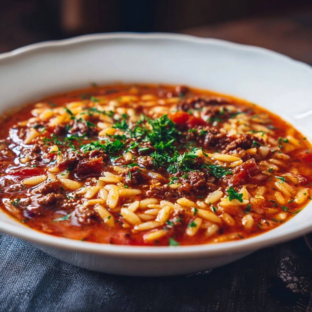 Hack-Orzo-Tomaten-Eintopf als Nahaufnahme mit frischer Petersilie garniert, ein herzhafter Eintopf mit Nudeln und Hackfleisch.