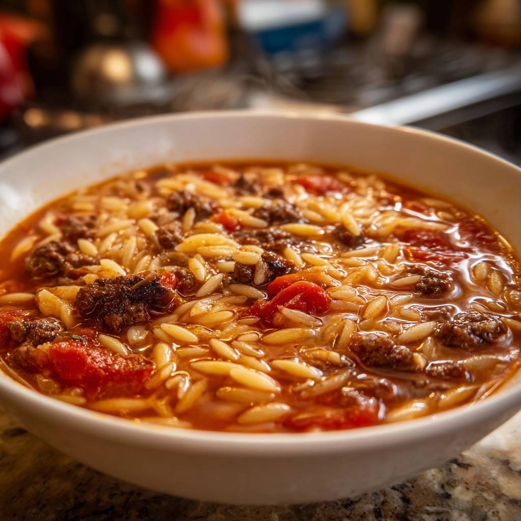 Hack-Orzo-Tomaten-Eintopf als Nahaufnahme in einer weißen Schüssel, mit sichtbaren Nudeln und Hackfleisch.