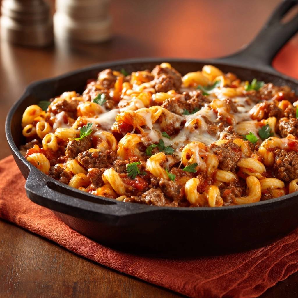 Saftige Hackfleisch-Conchiglie aus der Pfanne in einer schwarzen Gusspfanne mit geschmolzenem Käse und Petersilie garniert, Nahaufnahme.