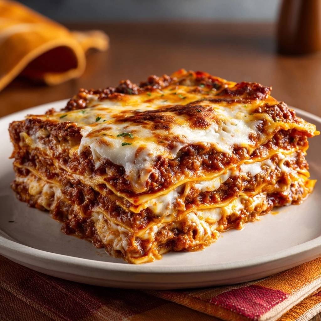 Perfekte Hackfleisch-Lasagne angeschnitten auf einem Teller, mit geschmolzenem Käse und einer saftigen Fleischfüllung.