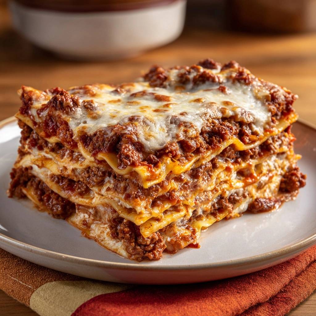 Perfekte Hackfleisch-Lasagne als angeschnittene Portion mit geschmolzenem Käse, serviert auf einem Teller.