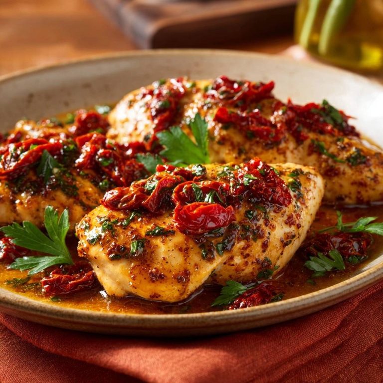 Saftiges Hähnchen mit sonnengetrockneten Tomaten, serviert auf einem Teller in einer Nahaufnahme mit frischer Petersilie und Sauce.