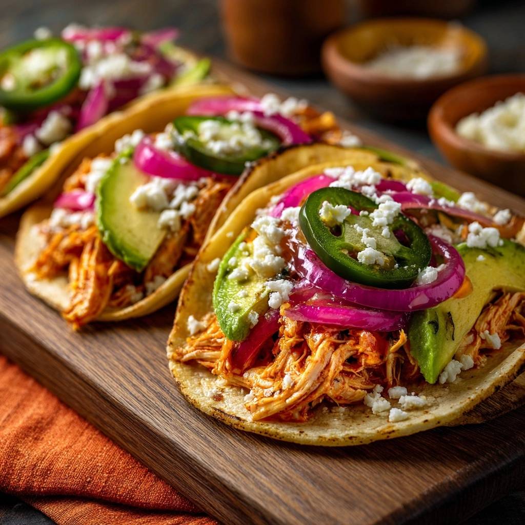 Saftige Hähnchen-Tacos, garniert mit Avocado, roten Zwiebeln, Jalapeños und zerbröseltem Käse auf einem Holzbrett.