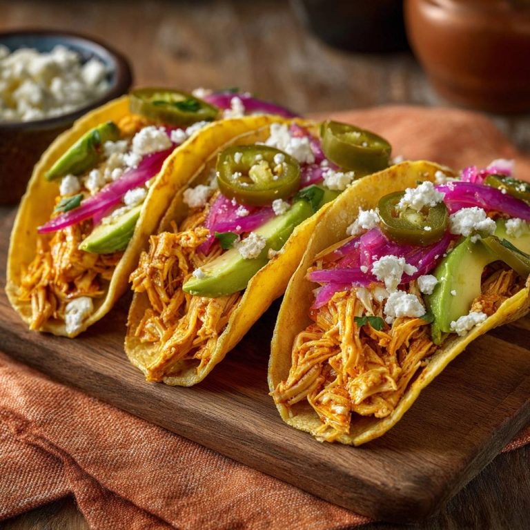 Saftige Hähnchen-Tacos, nah aufgenommen mit Avocado, Jalapeño und zerbröseltem Käse garniert.