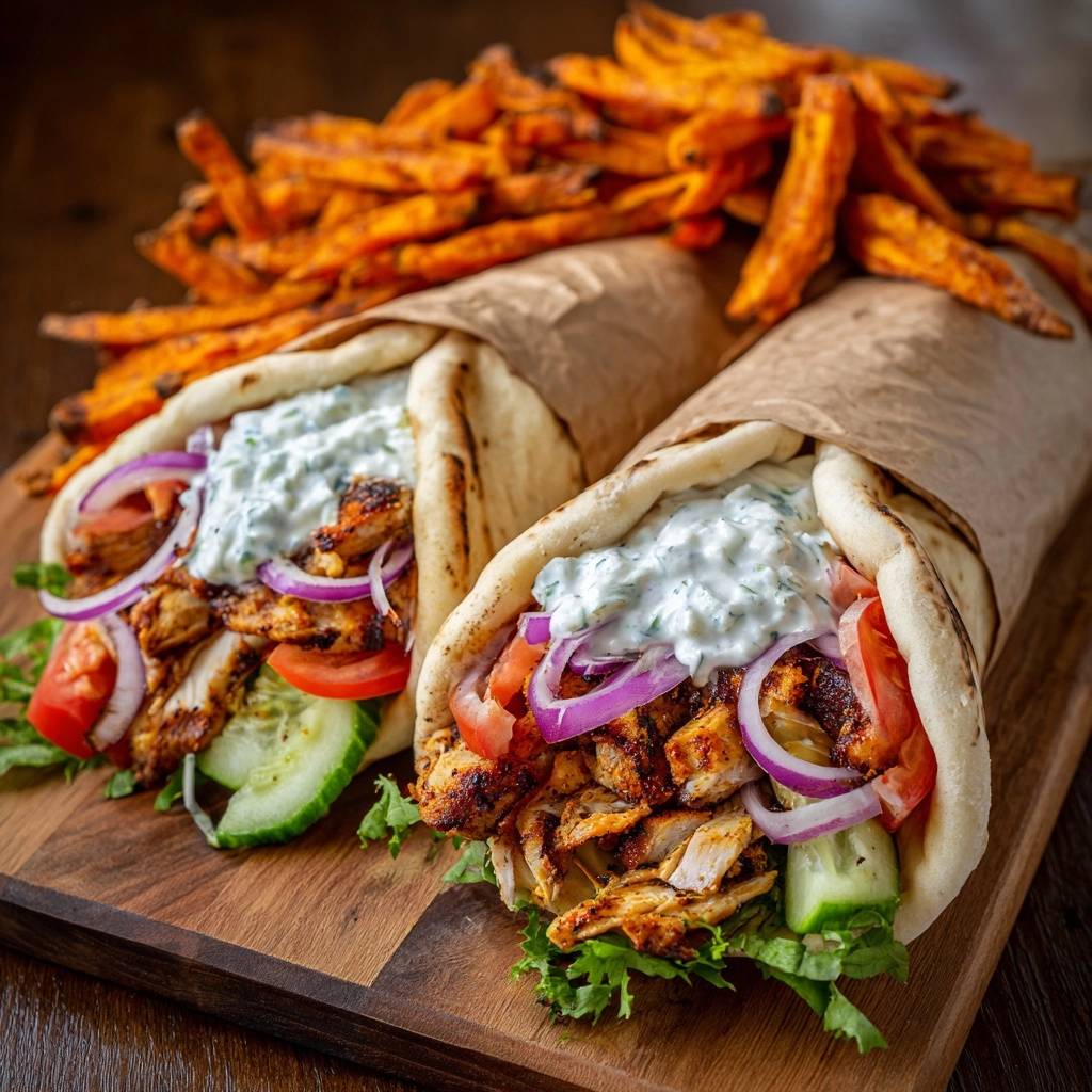 Knuspriger Hähnchen-Gyros-Wrap mit Süßkartoffel-Fries, zwei Wraps auf Holzbrett serviert mit Tzatziki und Gemüse
