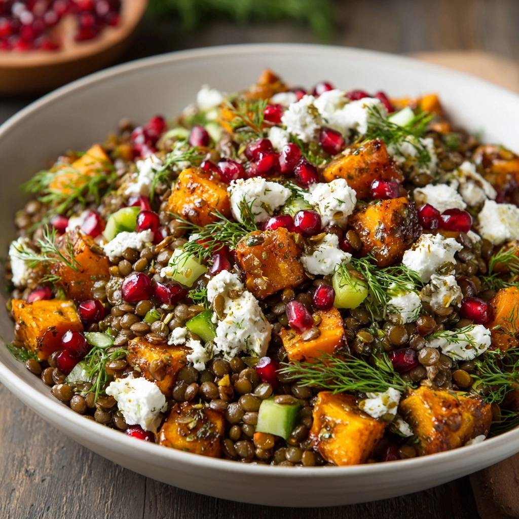Herbstlicher Linsensalat mit Kürbis, Feta & Granatapfel als detailreiche Nahaufnahme mit Feta-Krümeln und Dillgarnitur.