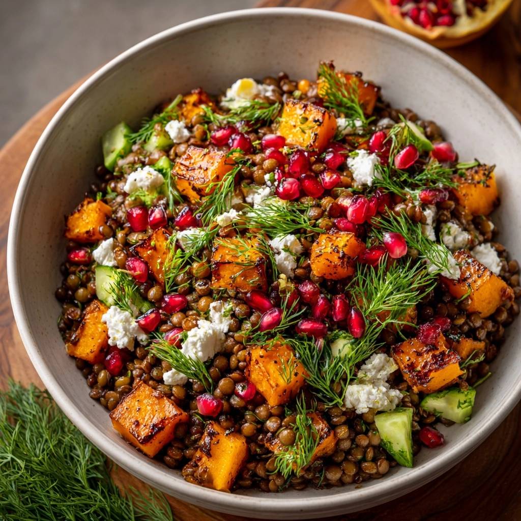 Herbstlicher Linsensalat mit Kürbis, Feta und Granatapfel in einer Schüssel, Nahaufnahme der Texturen und Garnitur