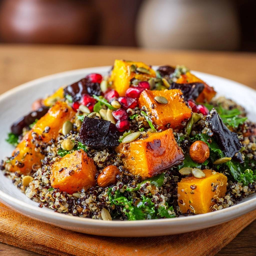 Herbstlicher Quinoa-Salat mit Kürbis, Aubergine und Granatapfel, Nahaufnahme der bunten Zutaten auf dem Teller