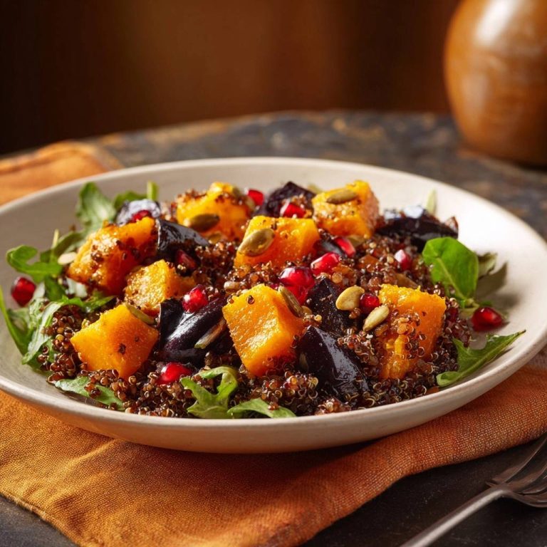 Herbstlicher Quinoa-Salat mit Kürbis, Aubergine und Granatapfel, nah aufgenommen auf einem Teller mit Rucola.