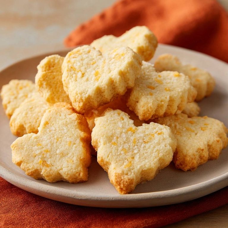 Herzförmige Orangen-Shortbread auf einem Teller, Nahaufnahme mit Fokus auf die Textur und gestapelte Kekse.