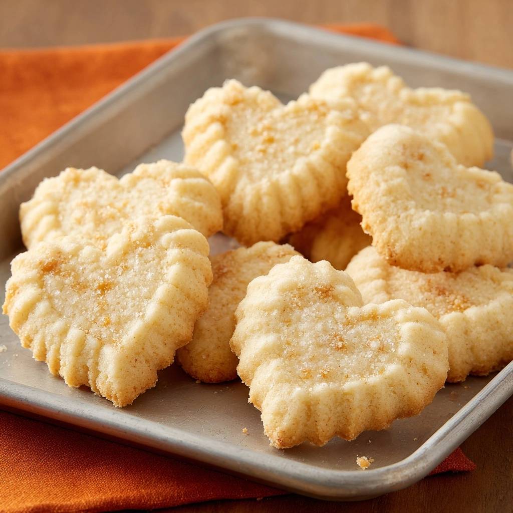 Herzförmige Orangen-Shortbread auf einem Backblech, nahaufnahme der zart bestreuten Oberfläche und der geriffelten Ränder.