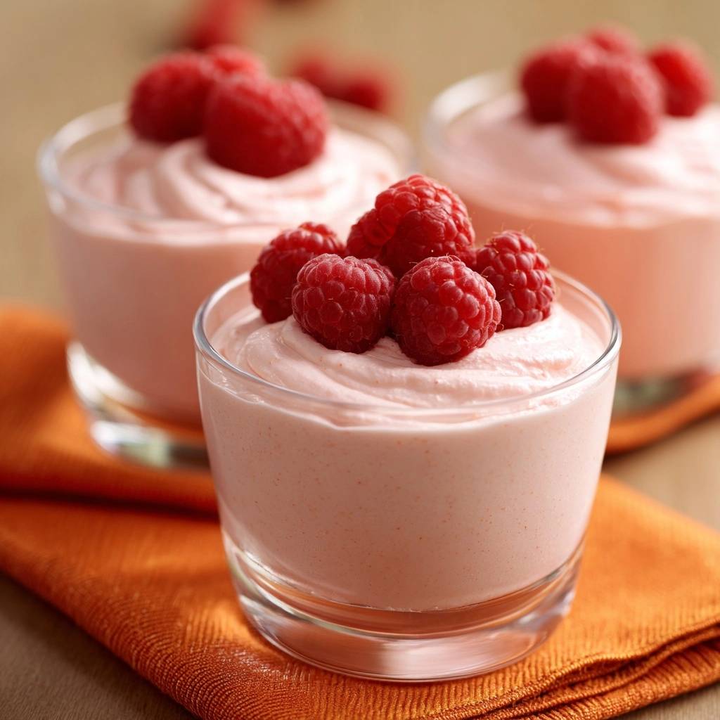 Himbeer-Mousse-Gläser, garniert mit frischen Himbeeren und auf einem orangefarbenen Tuch serviert.