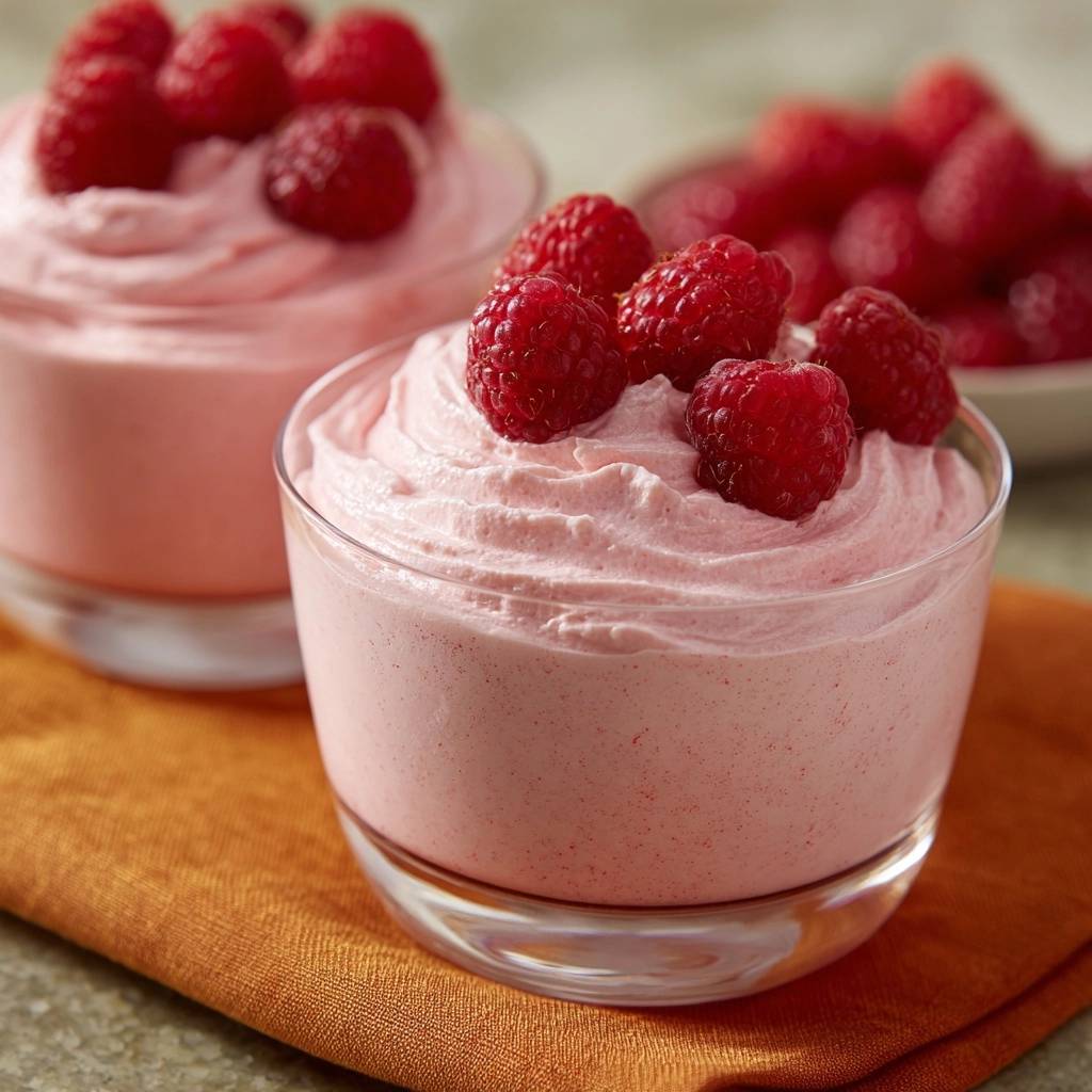 Himbeer-Mousse-Gläser mit frischen Himbeeren garniert, Nahaufnahme der cremigen Textur und des Desserts.
