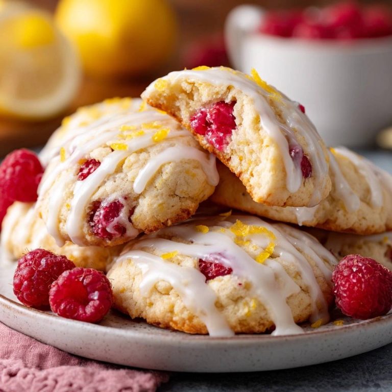 Himbeer-Zitronen-Scones angeschnitten mit frischen Himbeeren und Zitronenzesten auf einem Teller serviert
