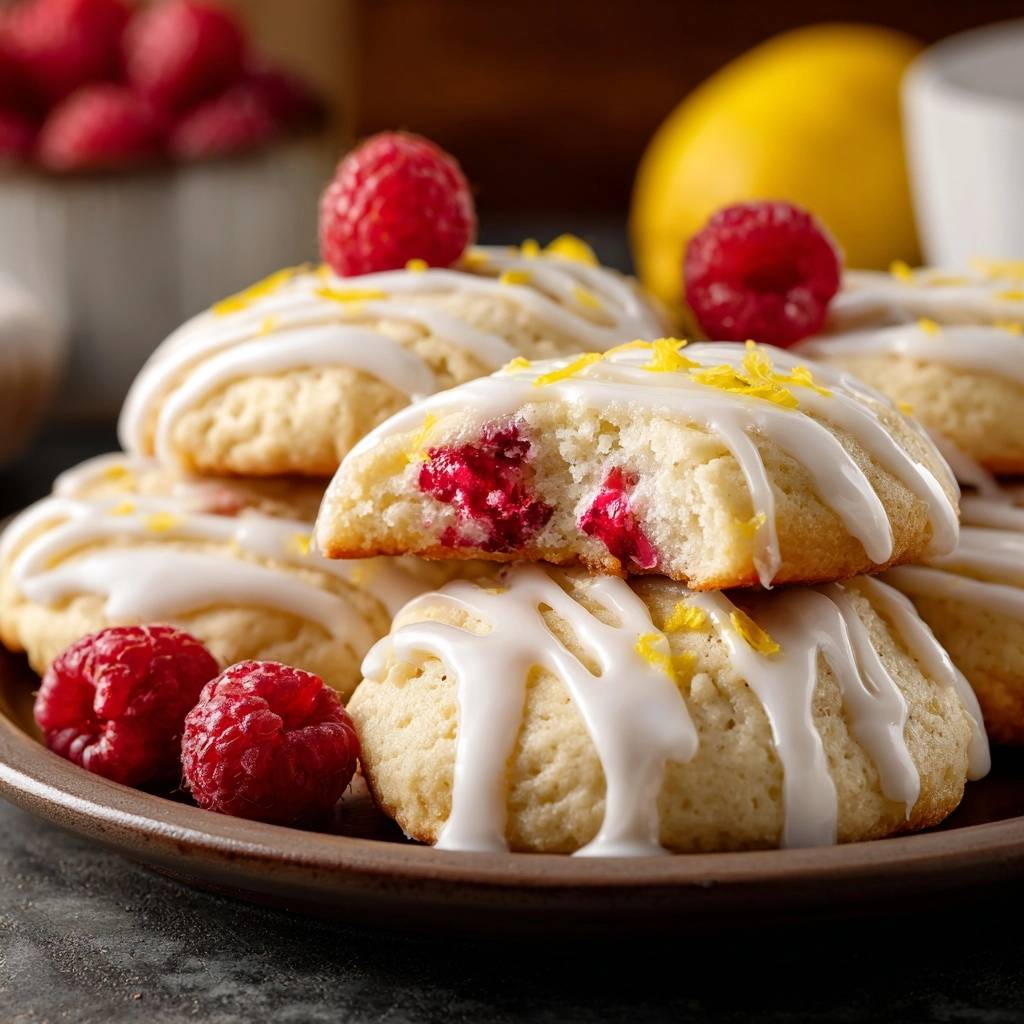 Himbeer-Zitronen-Scones angeschnitten mit Zitronenglasur und frischen Himbeeren auf einem Teller, innen saftig