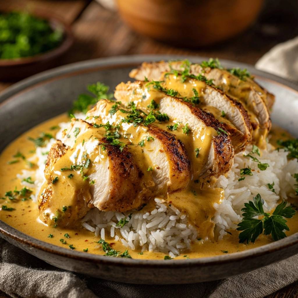 Saftiges Honig-Senf-Hähnchen auf Reis, angeschnitten und mit Sauce übergossen, garniert mit Petersilie.