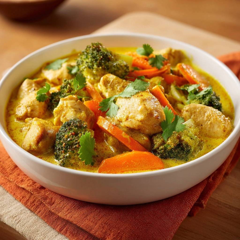Cremiges Hühner-Curry mit Brokkoli, Karotten und Kartoffeln, nahaufnahme der Zutaten in der gelben Sauce mit Koriandergarnitur.