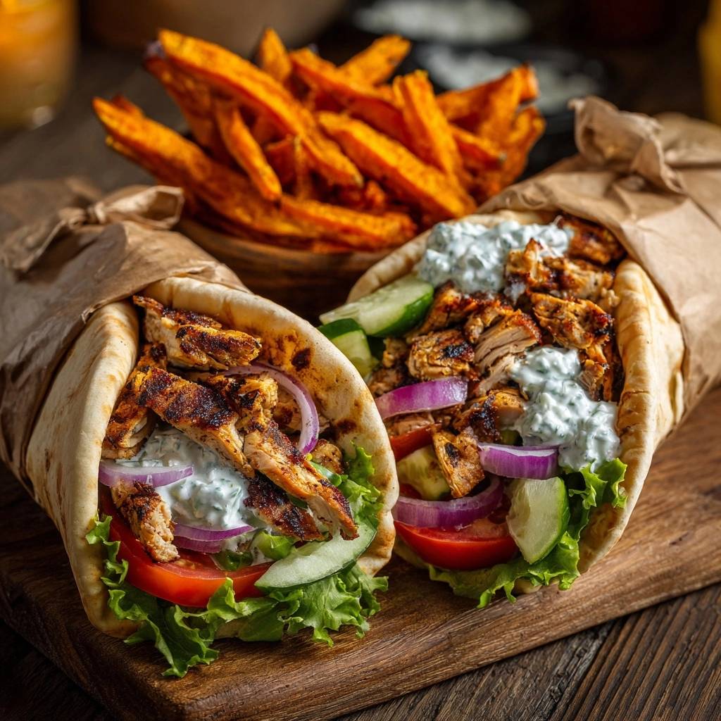 Knuspriger Hähnchen-Gyros-Wrap mit Süßkartoffel-Fries, Nahaufnahme der gefüllten Wraps mit frischen Zutaten