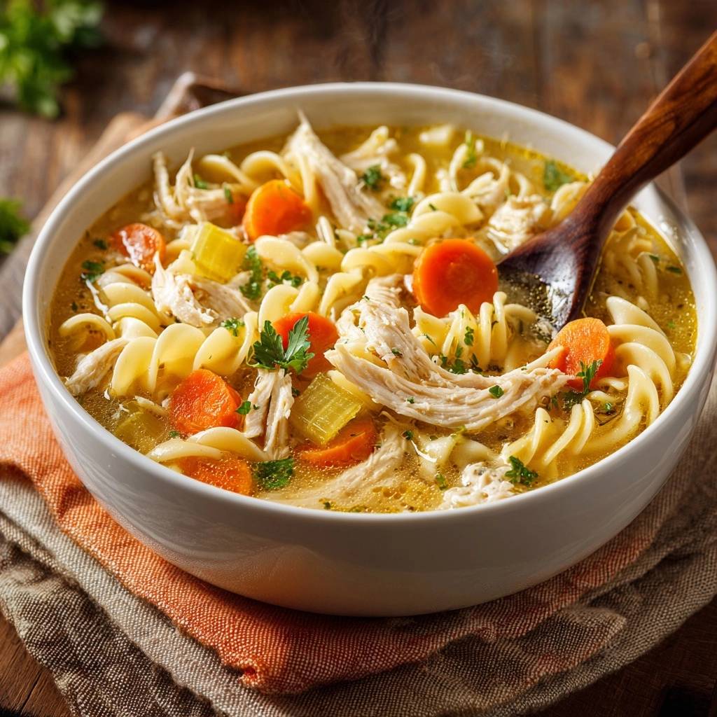 Perfekte Hühner-Nudel-Suppe mit detaillierter Nahaufnahme der Nudeln, Huhn und Gemüse in einer weißen Schüssel.