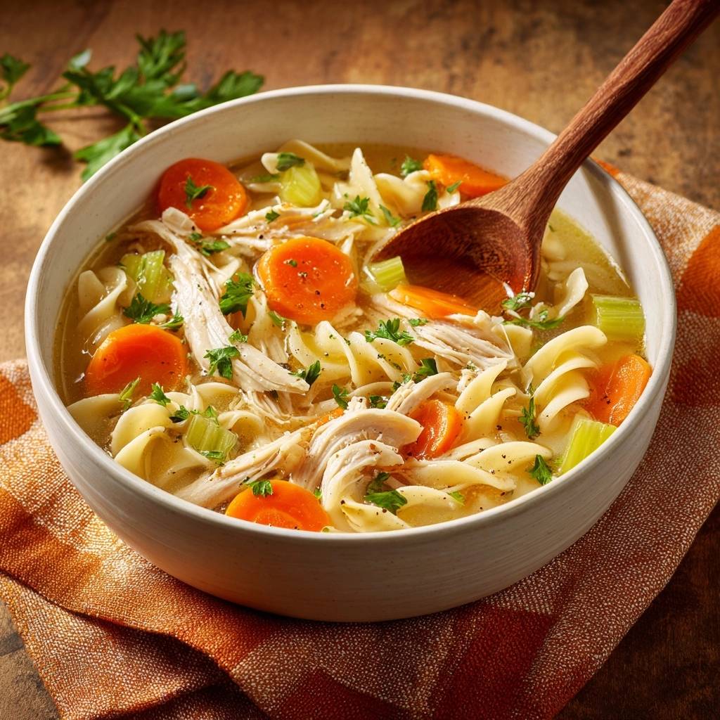 Perfekte Hühner-Nudel-Suppe mit Karotten und Sellerie in einer Schüssel, mit einem Holzkochlöffel auf dem Bild.