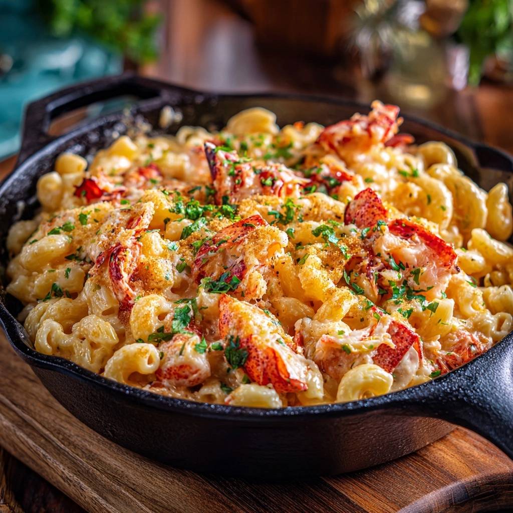 Hummer-Mac & Cheese aus der Gusseisenpfanne cremig und mit frischer Petersilie garniert, nahaufnahme
