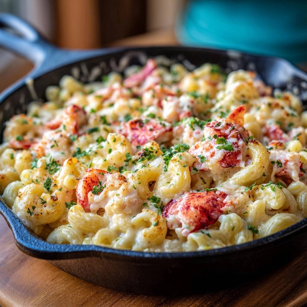 Hummer-Mac & Cheese aus der Gusseisenpfanne, eine Nahaufnahme des cremigen Gerichts mit Hummerstücken und Petersilie garniert.