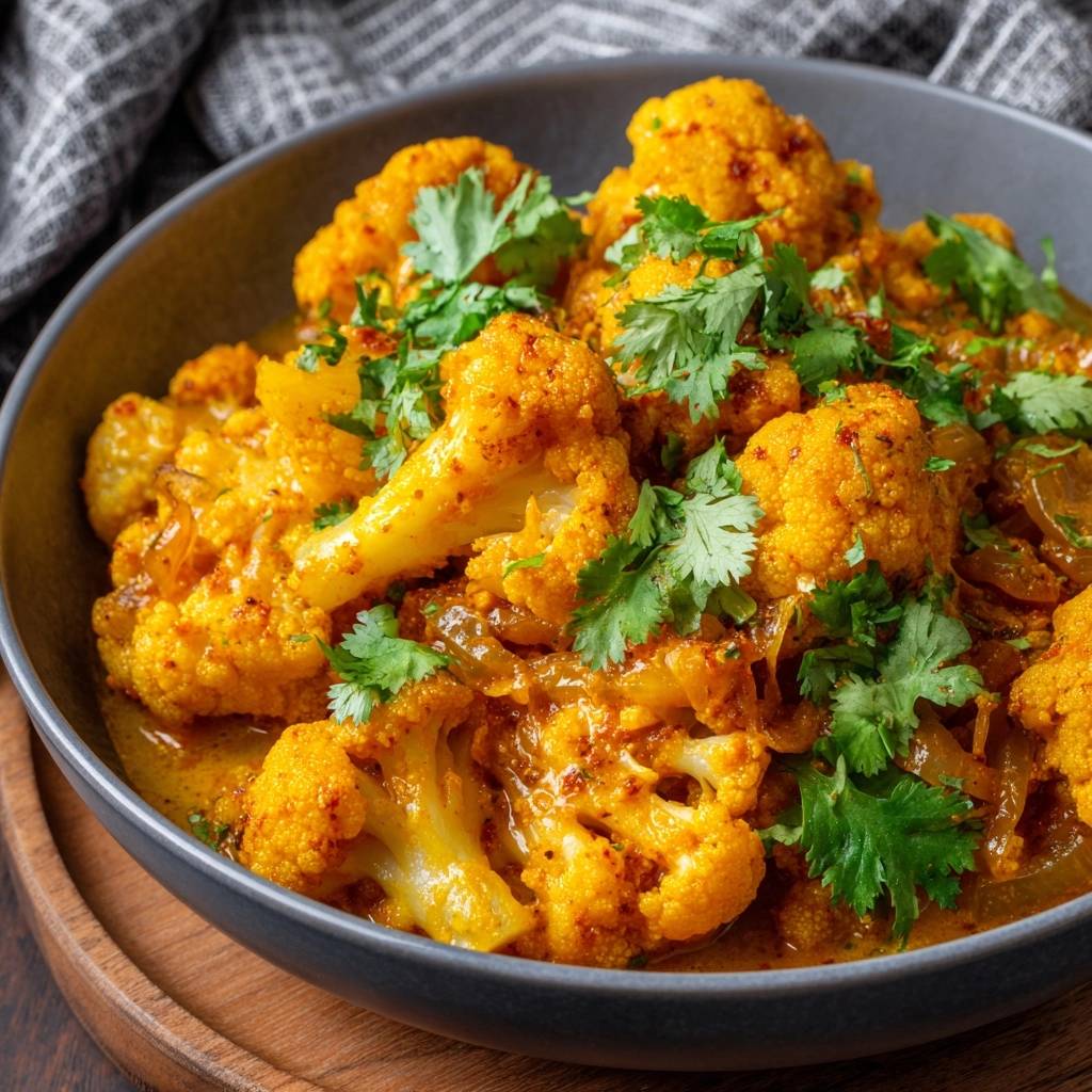Indisches Blumenkohl-Curry, garniert mit frischem Koriander, in einer Schüssel serviert.